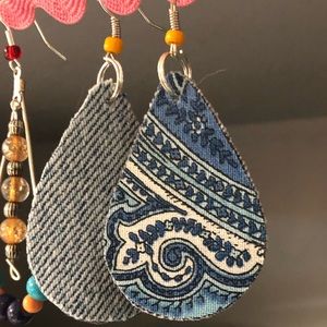 Navy blue paisley and recycled jean earrings. 2” long. New. Made by me